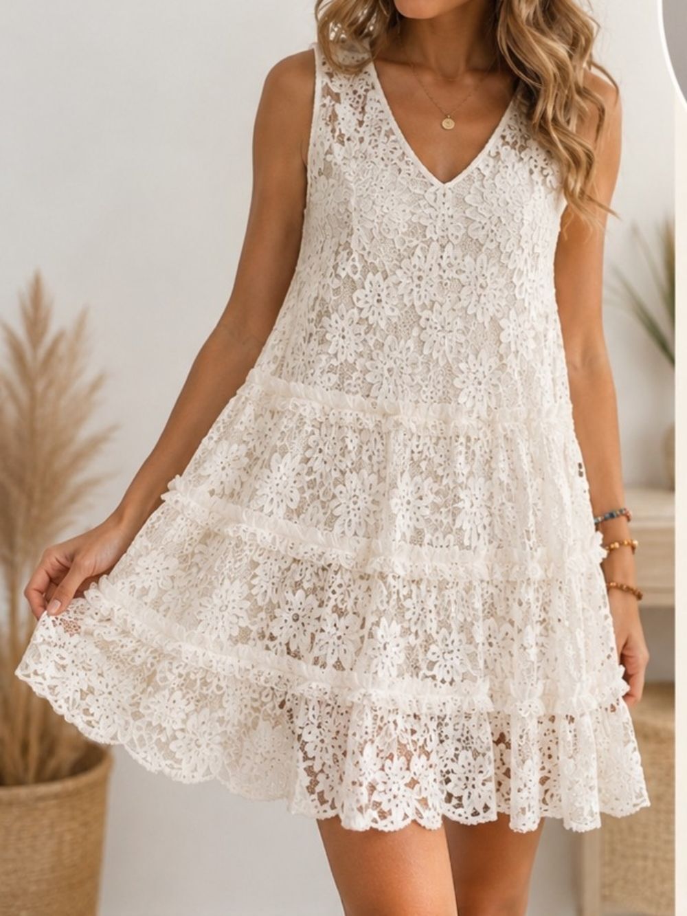 Paisley Vine Ivory Floral Lace Sleeveless Tiered Boho Tunic Dress/Cover Up Size